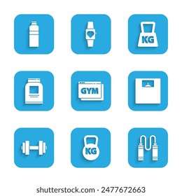 Set Online fitness and training, Kettlebell, Jump rope, Bathroom scales, Dumbbell, Sports nutrition, Weight and Fitness shaker icon. Vector