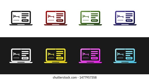 Set Online hotel booking icon isolated on black and white background. Online booking design concept for laptop.  Vector Illustration