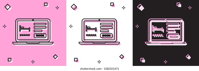 Set Online hotel booking icon isolated on pink and white, black background. Online booking design concept for laptop.  Vector Illustration