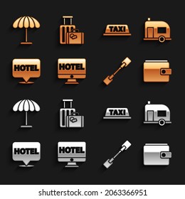 Set Online hotel booking, Rv Camping trailer, Wallet, Paddle, Location, Taxi car roof, Sun protective umbrella for beach and Suitcase icon. Vector