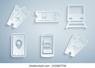 Set Online hotel booking, Train, Infographic of city map, Museum ticket, Bus and Airline icon. Vector