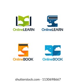 Conjunto de diseños de logotipo Aprendizaje en línea vectorial, plantilla de logotipo de Libro en nube