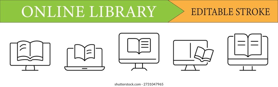 Set of Online Library and Digital Education Icons with Editable Stroke.

