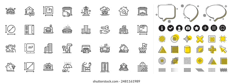 Conjunto de Iconos de línea de puerta abierta para el App de Web, oferta de oferta y mercado en línea. Elementos de diseño, íconos de medios sociales. Comprar casa, piso Plan, campus universitario iconos. Vector