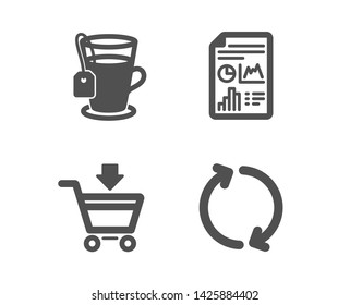 Set of Online market, Tea and Report document icons. Refresh sign. Shopping cart, Glass mug, Growth chart. Rotation.  Classic design online market icon. Flat design. Vector