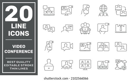 Set of online meeting icons, work form home, social distancing, video conference, content creator. Editable Stroke. EPS 10