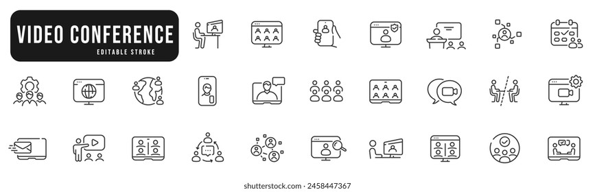 Conjunto de iconos de línea relacionados con la reunión en línea. Video Conferencia, Trazo editable