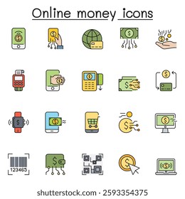 Set of Online money Related vector icon set. Contains such icon as crytocurrency, online banking, e-money, online payment, cashless, credit card, e-wallet, investment in color line style