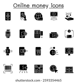 Set of Online money Related vector icon set. Contains such icon as crytocurrency, online banking, e-money, online payment, cashless, credit card, e-wallet, investment in glyph style