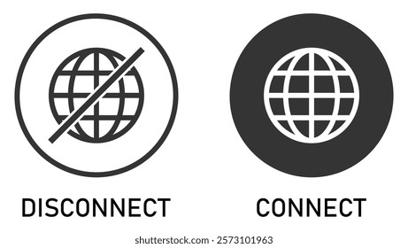 Set of online, offline, connect or disconnect internet connection icons. Globe icon with no signal and good signal sign symbol. Internet connection online and offline sign symbol. Vector illustration.