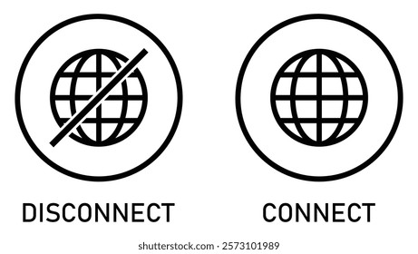 Set of online, offline, connect, and disconnect internet connection icons black. Globe icon with no signal and good signal sign symbol. Internet connection online and offline. Vector illustration.