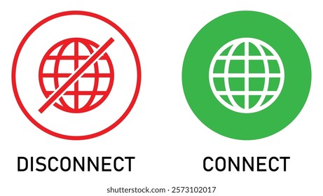 Set of online, offline, connect, and disconnect internet connection icons. Globe icon with no signal and good signal sign symbol. Internet connection online and offline sign icon. Vector illustration.