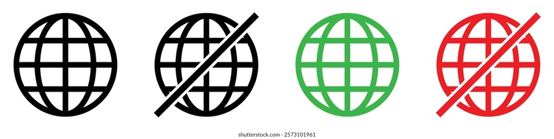 Set of online and offline internet connection icons black, red and green color. Globe icon with no signal and good signal sign symbol. Internet connection online and offline sign. Vector illustration.