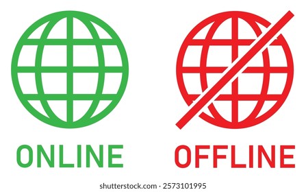 Set of online and offline internet connection icons green and red color. Globe icon with no signal and good signal sign symbol. Internet connection online and offline sign symbol. Vector illustration.