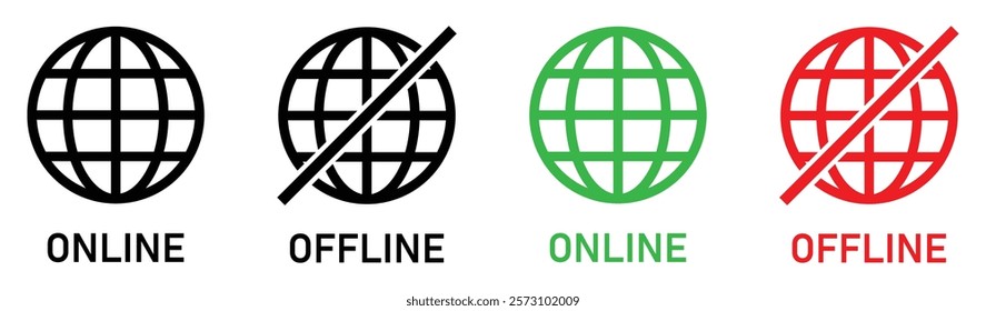 Set of online and offline internet connection icons black, red and green color. Globe icon with no signal and good signal sign symbol. Internet connection online and offline sign. Vector illustration.