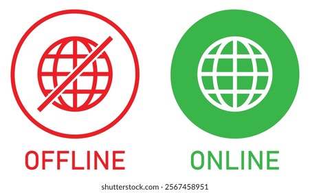 Set of online and offline internet icon red and green color. Globe icon with no signal and good signal sign symbol. Internet connection. Flat design. Vector illustration.