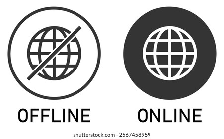 Set of online and offline internet icon. Globe icon with no signal and good signal sign symbol. Internet connection. Flat design. Vector illustration.