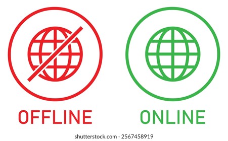 Set of online and offline internet icons red and green color. Globe icon with no signal and good signal sign symbol. Internet connection online and offline. Flat design. Vector illustration.