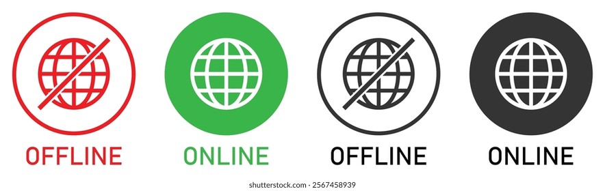 Set of online and offline internet icons red, green and black color. Globe icon with no signal and good signal sign symbol. Internet connection. Flat design. Vector illustration.