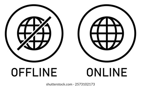 Set of online and offline internet icons black color. Globe icon with no signal and good signal sign symbol. Internet connection online and offline sign. Flat design. Vector illustration.