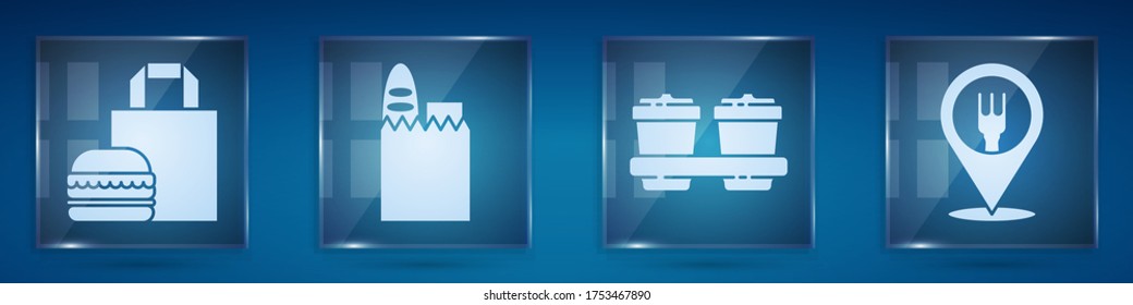 Set Online ordering burger delivery, Shopping bag and food, Coffee cup to go and Cafe and restaurant location. Square glass panels. Vector