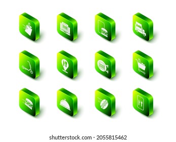 Set Online ordering burger delivery, and, Fast by car, Shopping cart food, hotdog and Covered with tray of icon. Vector