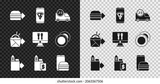 Set Online ordering burger delivery, Food pizza, Fast by car, and, noodles and  icon. Vector