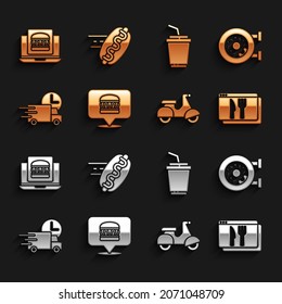 Online-Bestellung der Hamburger Lieferung, Donut, Scooter, Fast per Auto, Papier Glas mit Wasser und Hot-Hund-Symbol. Vektorgrafik