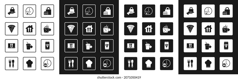 Set Online ordering burger delivery, and, Slice of pizza, noodles, Round the clock, Food and  icon. Vector