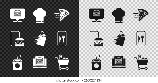 Set Online ordering burger delivery, Chef hat, pizza, Asian noodles and chopsticks, Shopping cart food,  and  icon. Vector