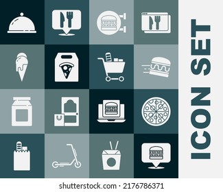 Set Online ordering burger delivery, Pizza, pizza, Ice cream, Covered with tray of food and Shopping cart and icon. Vector