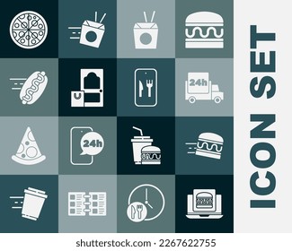 Ajuste en línea la entrega de hamburguesas, Rápido en coche, tallarines y palillos asiáticos, hotdog, pizza e icono. Vector