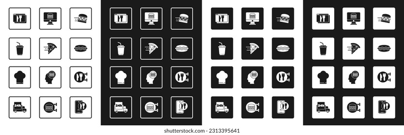 Set Online ordering burger delivery, pizza, Paper glass with water, and, Hotdog sandwich, Cafe restaurant location and Chef hat icon. Vector