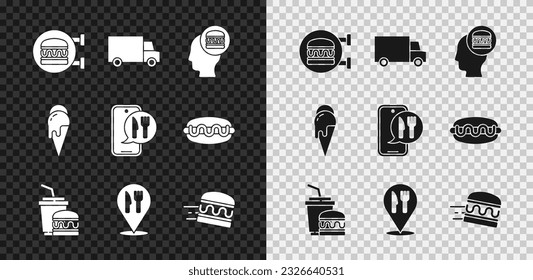 Set Online ordering burger delivery, Fast by car, and, Paper glass, Cafe restaurant location, Ice cream and  icon. Vector