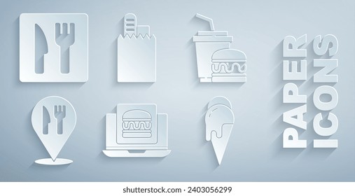 Set Online ordering burger delivery, Paper glass and, Cafe restaurant location, Ice cream,  and  icon. Vector