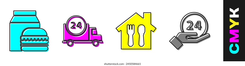 Set Online-Bestellung und Burger-Lieferung, Schnelle Lieferung mit dem Auto, Online-Bestellung und Lieferung und Uhr 24 Stunden Symbol. Vektorgrafik
