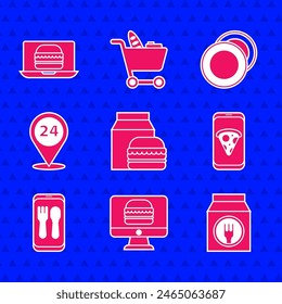 Set Online ordering and burger delivery, Food pizza, Round the clock, Plate and  icon. Vector