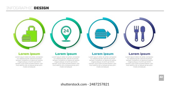Set Online ordering burger delivery, Round the clock delivery, Online ordering burger delivery and Fork and spoon. Business infographic template. Vector