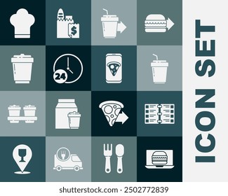Set Online ordering burger delivery, Restaurant cafe menu, Coffee cup to go, Clock 24 hours, Chef hat and Food pizza icon. Vector