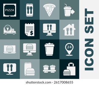 Set Online ordering burger delivery, Round the clock, and, Slice of pizza, Paper financial check, Fast by car, Pizza cardboard box and  icon. Vector