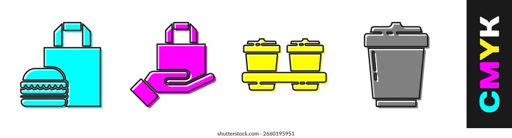 Set Pedidos en línea de entrega de hamburguesas, pedidos en línea y entrega, taza de café para ir y taza de café para ir icono. Vector