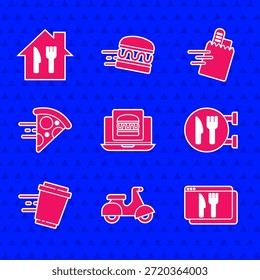 Set Online ordering burger delivery, Scooter, and, Cafe restaurant location, Coffee cup to go, pizza,  and  icon. Vector