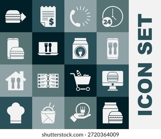 Establecer pedidos en línea y entrega de hamburguesas, comida e icono. Vector