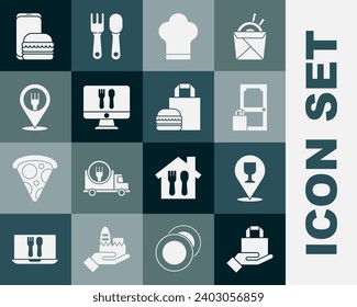 Set Online ordering and delivery, Alcohol beer bar location, Chef hat, Cafe restaurant,  and burger icon. Vector