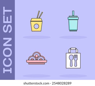 Set Online ordering and delivery, Asian noodles chopsticks, bowl and Paper glass with straw icon. Vector