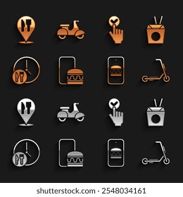 Set Online ordering and delivery, Asian noodles chopsticks, Scooter, Round the clock, Cafe restaurant location and  icon. Vector