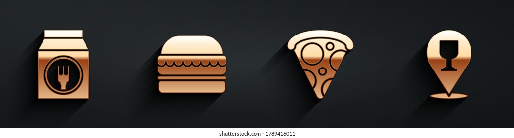 Set Online ordering and delivery, Burger, Slice of pizza and Alcohol or beer bar location icon with long shadow. Vector