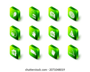Set Online ordering and delivery, burger, Pizza, Slice of pizza, Scooter, Coffee cup to go and Fast by car icon. Vector