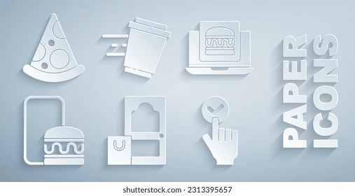 Set Online ordering and delivery, burger, Coffee cup to go and Slice pizza icon. Vector