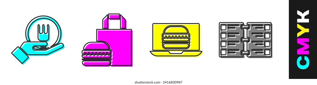 Set Online ordering and delivery, Online ordering burger delivery, Online ordering burger delivery and Restaurant cafe menu icon. Vector